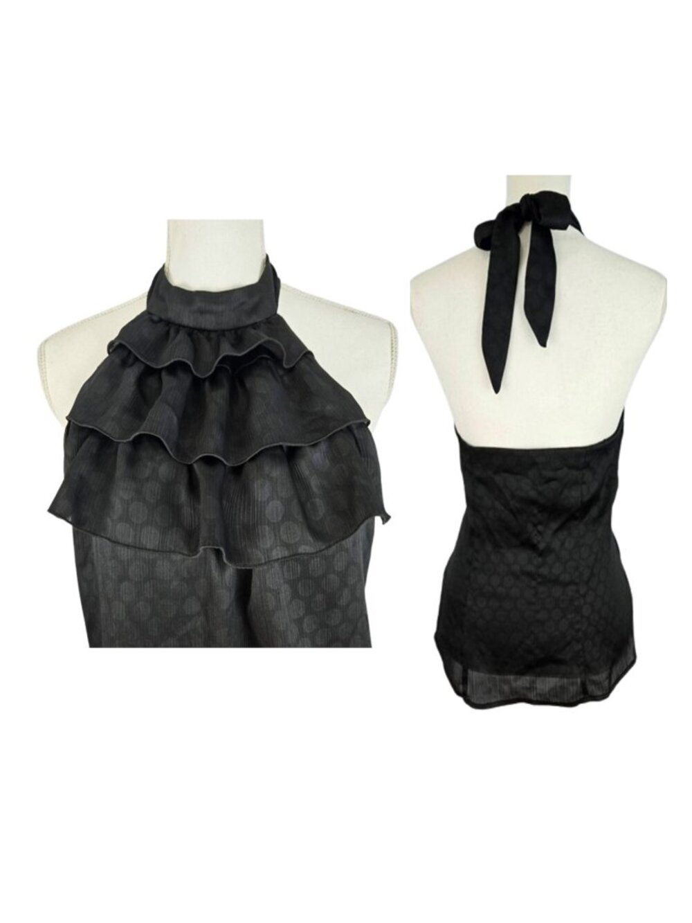 Alyx Women’s Black Sheer Ruffle Halter Top Tiered Polka Dot Tie Back Size M